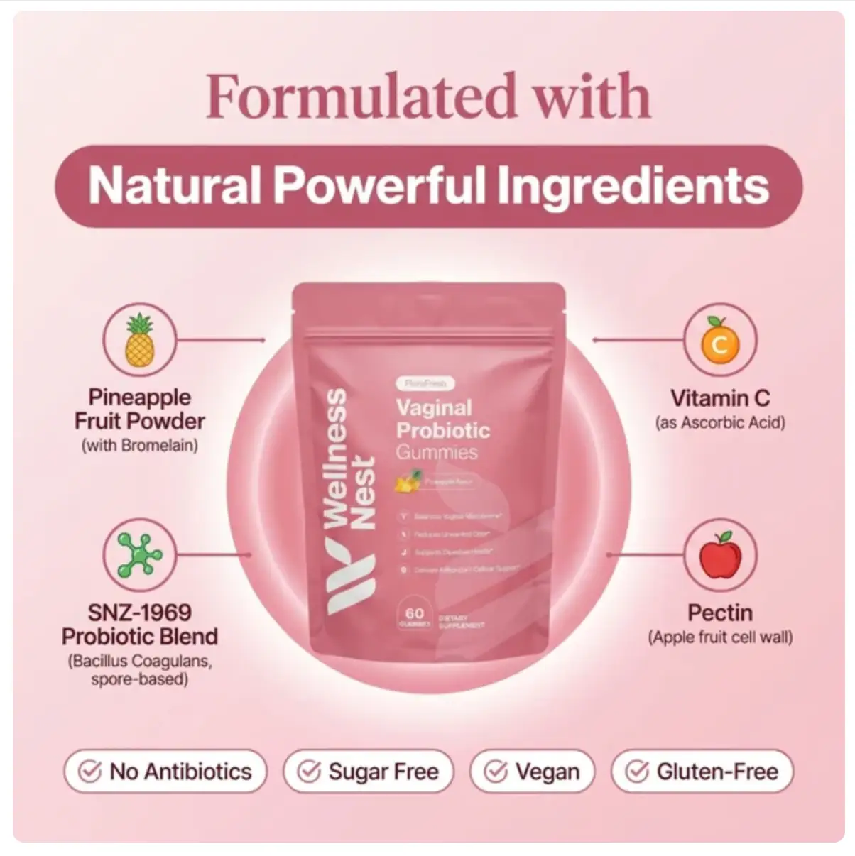 FloraFresh Inhaltsstoffe: Bacillus Coagulans, Ananas-Extrakt, Vitamin C, Pektin