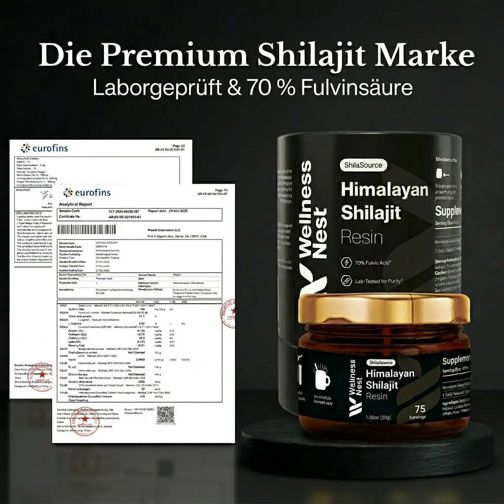 Dunkles Shilajit-Harz auf einem Löffel vor Himalaya-Kulisse