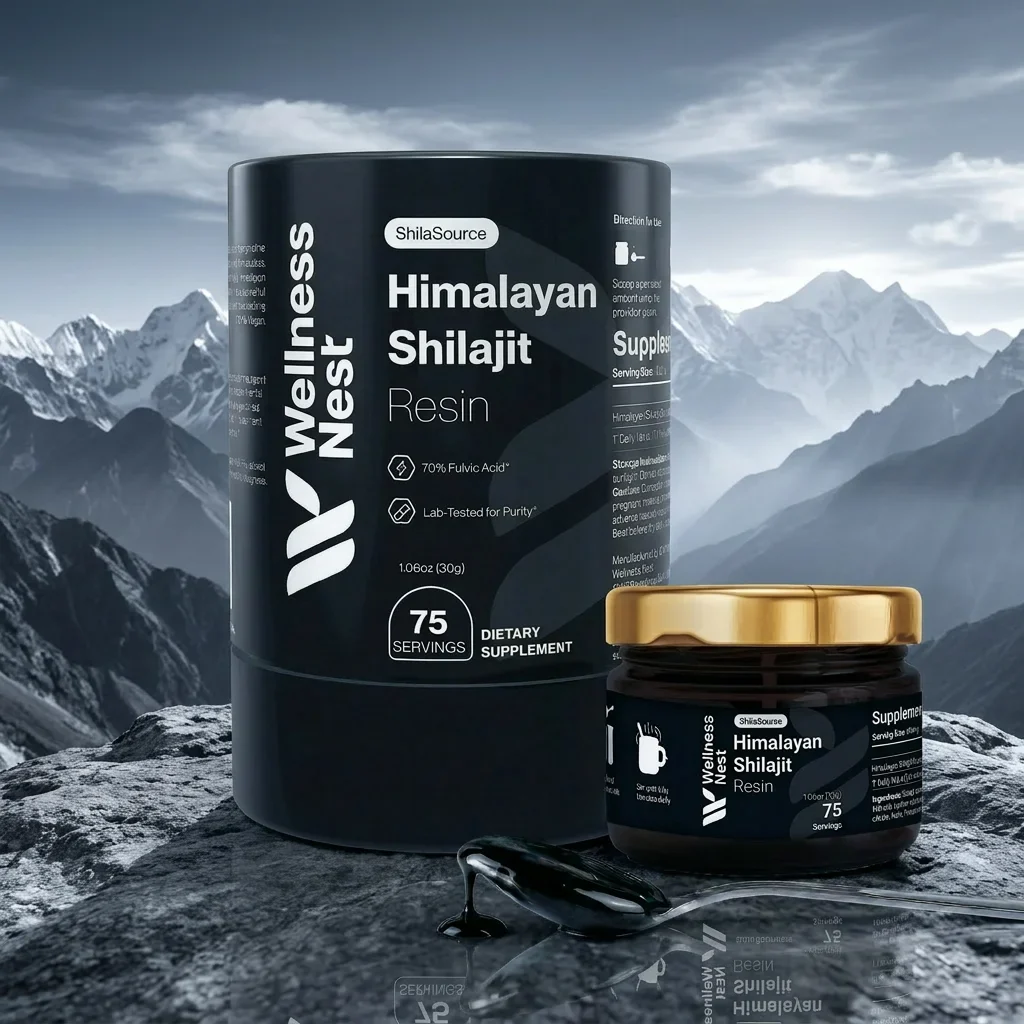 Wellness Nest Shilasource Himalayan Shilajit Resin vor Bergpanorama